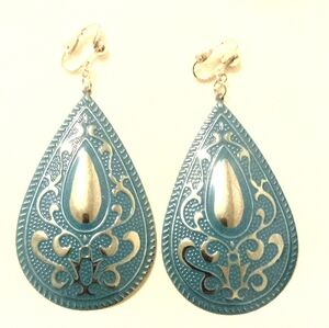 3" Silver Clip Blue Metal Tear Drop Design Dangle Clip-on Earrings